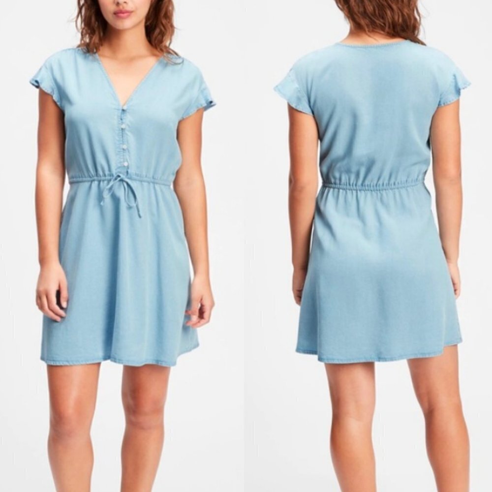 ☀️ GAP Blue Chambray Denim Flutter Sleeve Casual Dress Medium Teacher Boho